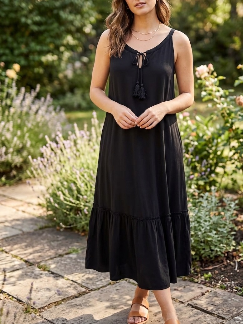 Love & Legend Black Boho Tassel Midi Dress Sleeveless Ruffle Plus Size 14